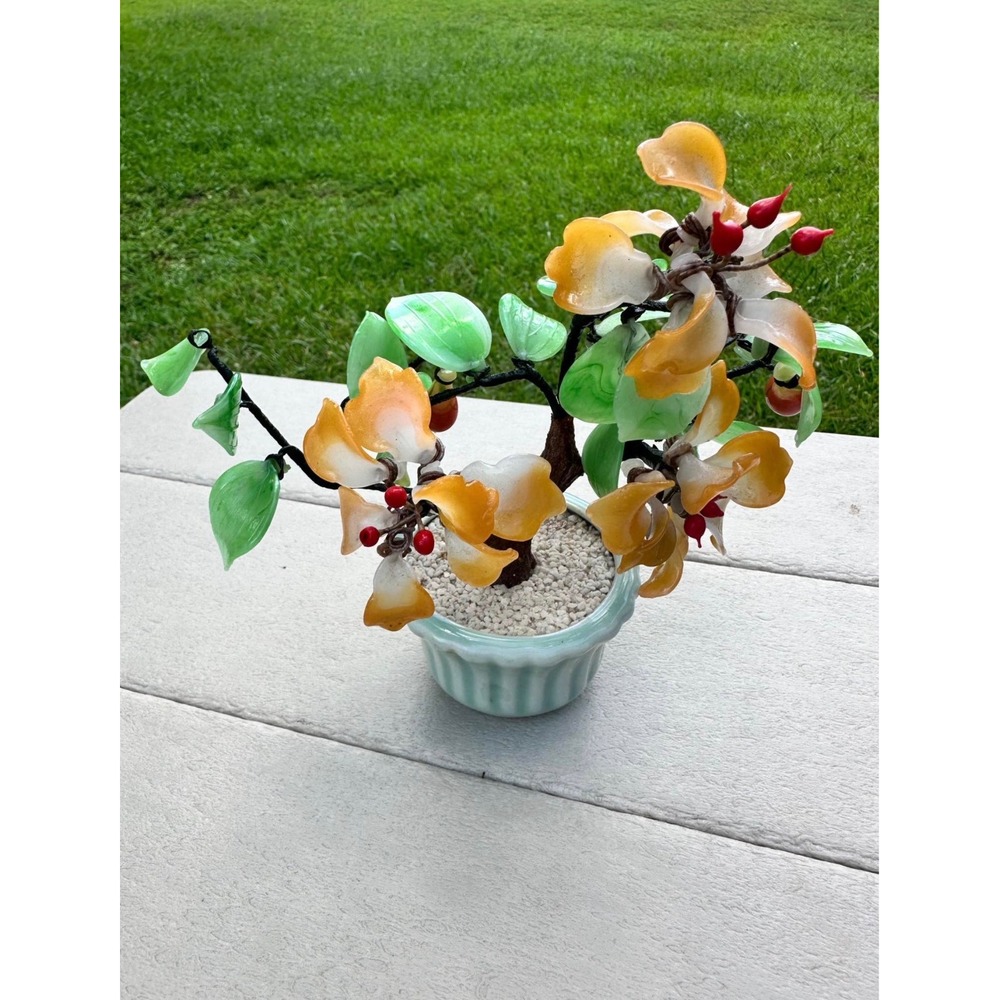 VTG Chinese Glass Bonsai Tree Amber Flowers Celadon Pot Decor 7in